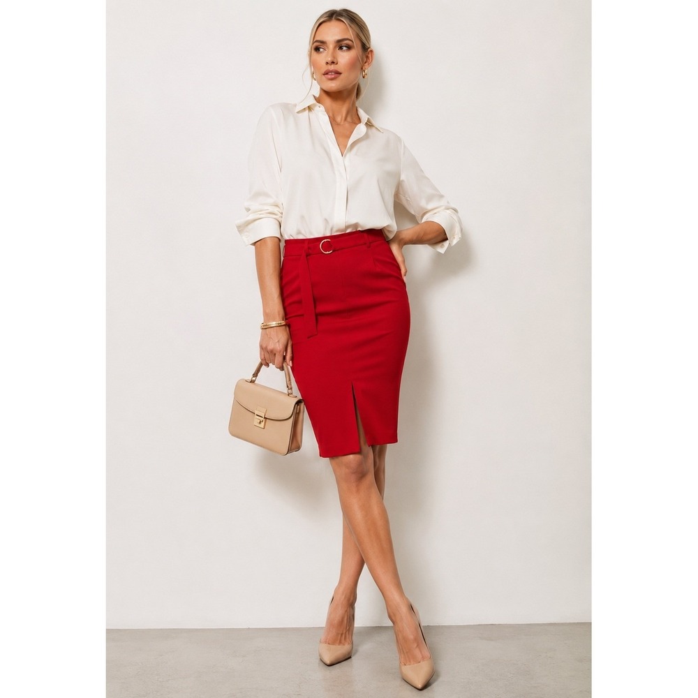 Vesper Red Belted Pencil Skirt High Waisted Front Slit Midi Size 14 UK US 10